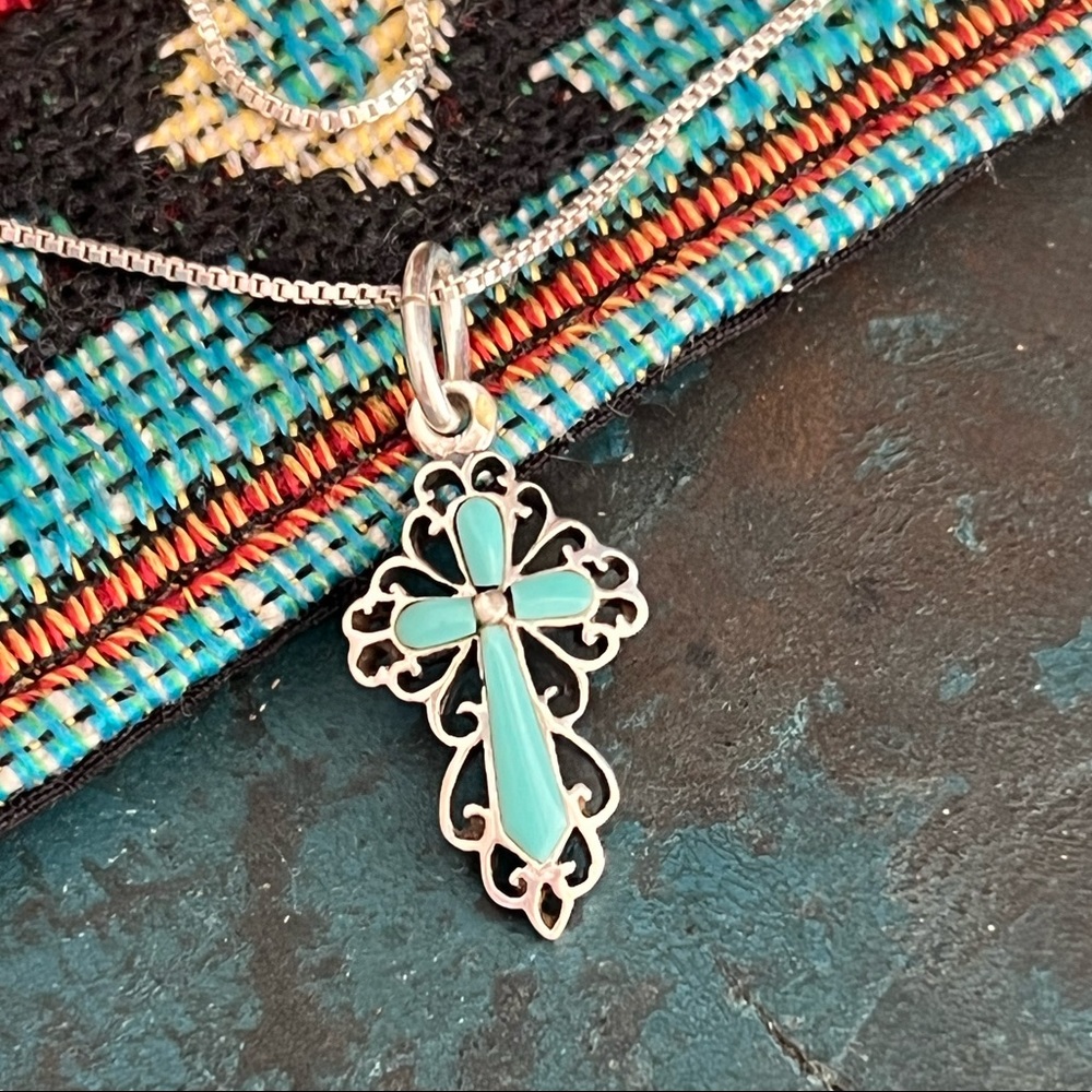 Vintage Native American Sterling Silver Turquoise Cross Pendant - Picture 3 of 7